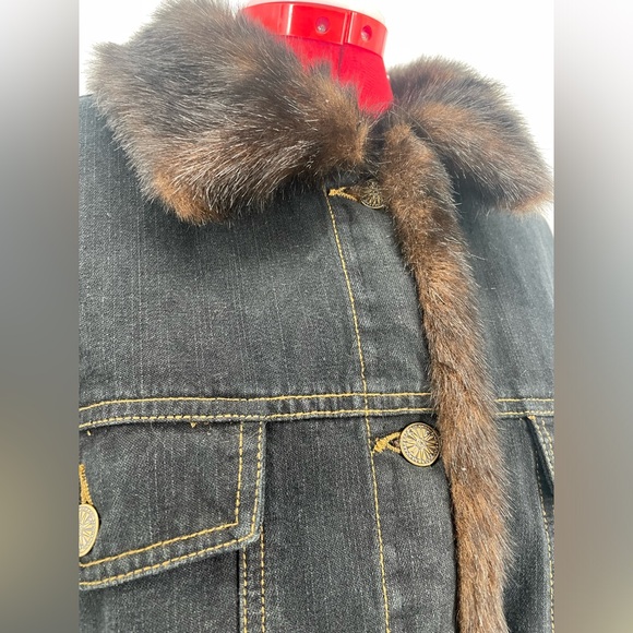Dennis Basso (Faux) Fur Trimmed Dark Wash Denim Jacket Plus Size - Picture 11 of 16